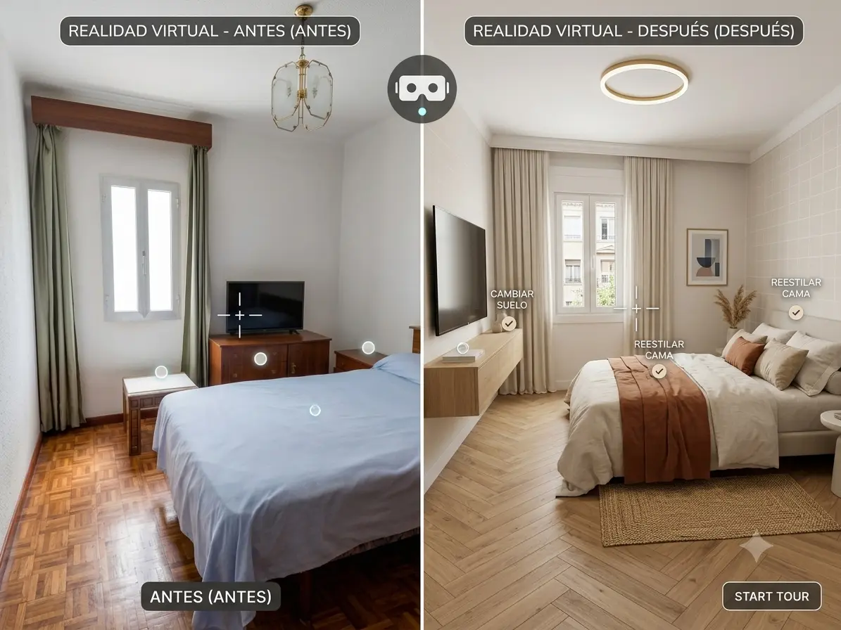 Propuesta antes y después de un dormitorio del piso en Calle del Arroyo Belincoso, Moratalaz, Madrid